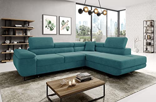 ML Furniture Ltd Avatar Kord Ecksofa in L-Form 277 x 73 x 203 cm mit Schlaffunktion und Bettzeugbehälter - Schlafsofa mit Bettkasten - Eckcouch mit Stauraum - Links - Farbe: Kord Türkis von ML Furniture Ltd