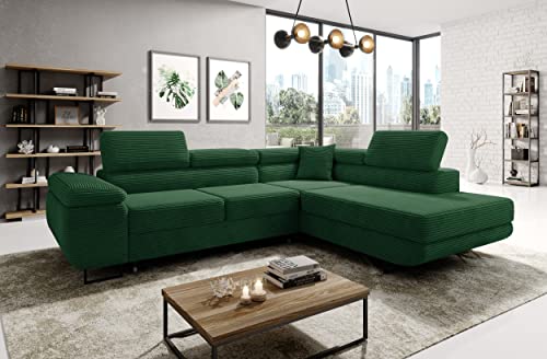 ML Furniture Ltd Avatar Kord Ecksofa in L-Form 277 x 73 x 203 cm mit Schlaffunktion und Bettzeugbehälter - Schlafsofa mit Bettkasten - Eckcouch mit Stauraum - Rechts - Farbe: Kord Flaschengrün von ML Furniture Ltd