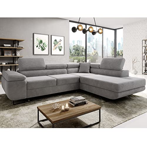 ML Furniture Ltd Avatar Kord Ecksofa in L-Form 277 x 73 x 203 cm mit Schlaffunktion und Bettzeugbehälter - Schlafsofa mit Bettkasten - Eckcouch mit Stauraum - Rechts - Farbe: Kord Grau von ML Furniture Ltd