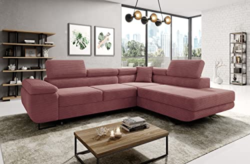 ML Furniture Ltd Avatar Kord Ecksofa in L-Form 277 x 73 x 203 cm mit Schlaffunktion und Bettzeugbehälter - Schlafsofa mit Bettkasten - Eckcouch mit Stauraum - Rechts - Farbe: Kord Schmutziges Rosa von ML Furniture Ltd