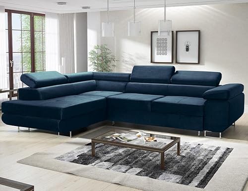ML Furniture Ltd Avatar Velvet Ecksofa in L-Form 277 x 73 x 203 cm mit Schlaffunktion und Bettzeugbehälter - Schlafsofa mit Bettkasten - Eckcouch mit Stauraum - Links - Farbe: Monolith Blau (MO77) von ML Furniture Ltd