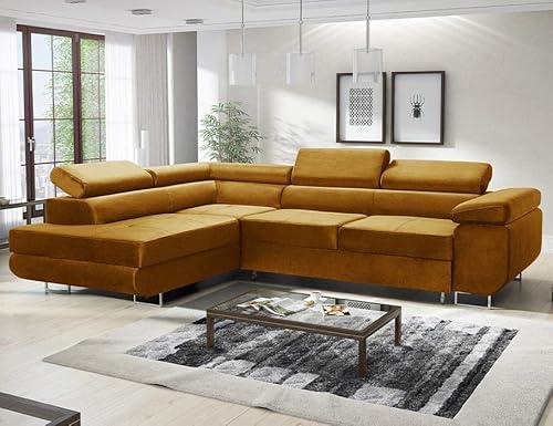 ML Furniture Ltd Avatar Velvet Ecksofa in L-Form 277 x 73 x 203 cm mit Schlaffunktion und Bettzeugbehälter - Schlafsofa mit Bettkasten - Eckcouch mit Stauraum - Links - Farbe: Monolith Senf (MO48) von ML Furniture Ltd