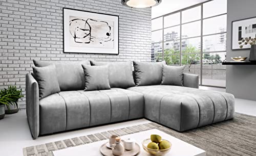 ML Furniture Ltd Don Velvet Monolith Ecksofa in L-Form 245 cm x 180 cm - Schlafsofa mit Bettkasten -Ausziehbares Schlafsofa - Couch mit Stauraum und Kissen - Sofa mit Schlaffunktion Farbe: Hellgrau von ML Furniture Ltd