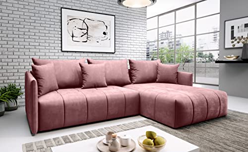 ML Furniture Ltd Don Velvet Monolith Ecksofa in L-Form 245 cm x 180 cm - Schlafsofa mit Bettkasten -Ausziehbares Schlafsofa - Couch mit Stauraum und Kissen - Sofa mit Schlaffunktion Farbe: Rosa von ML Furniture Ltd
