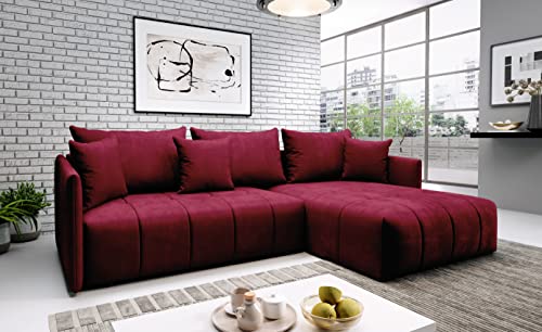 ML Furniture Ltd Don Velvet Monolith Ecksofa in L-Form 245 cm x 180 cm - Schlafsofa mit Bettkasten -Ausziehbares Schlafsofa - Couch mit Stauraum und Kissen - Sofa mit Schlaffunktion Farbe: Weinrot von ML Furniture Ltd