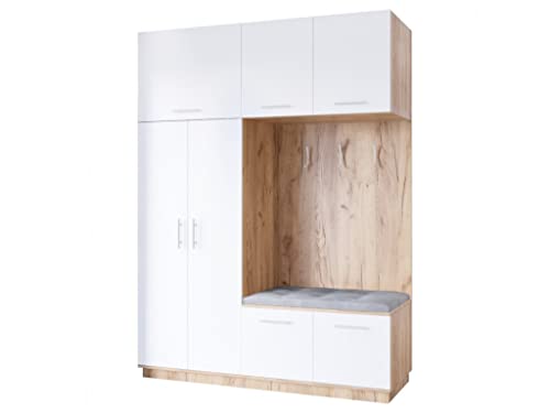 ML Furniture Ltd Garderobe Matt 200 cm mit Gold Nische, Kleiderschrank, Sitz gepolstert, Flurgarderobe, Garderobenständer, Garderobenleiste, Kompaktgarderobe, Mehrzweckschrank, Kleiderschrank Weiss von ML Furniture Ltd