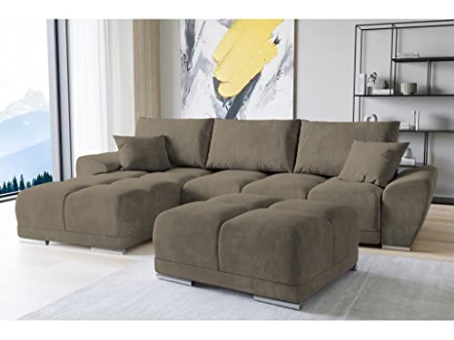 ML Furniture Ltd Set Velvet Ecksofa in L-Form 289 x 189 cm + Polsterhocker, Sofa mit Schlaffunktion, Fußhocker, Schlafsofa mit Bettkasten, Sitzpouf Farbe: Beige von ML Furniture Ltd