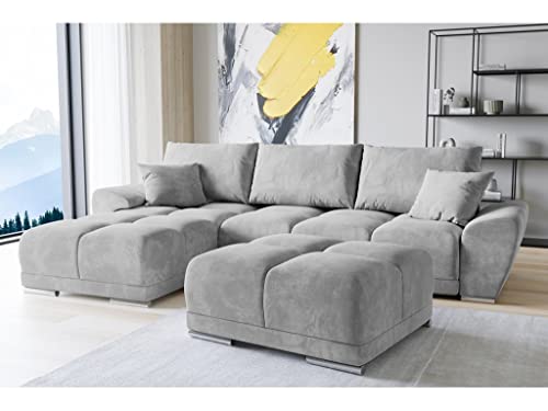 ML Furniture Ltd Set Velvet Ecksofa in L-Form 289 x 189 cm + Polsterhocker, Sofa mit Schlaffunktion, Fußhocker, Schlafsofa mit Bettkasten, Sitzpouf Farbe: Hellgrau von ML Furniture Ltd