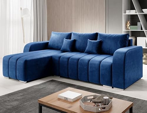 ML Furniture Ltd Velvet Ecksofa in L-Form 245 x 86 x 147 cm mit Schlaffunktion und Bettzeugbehälter - Schlafsofa mit Bettkasten - Eckcouch mit Stauraum - Links Couch Velours - Farbe: Blau MO77 von ML Furniture Ltd