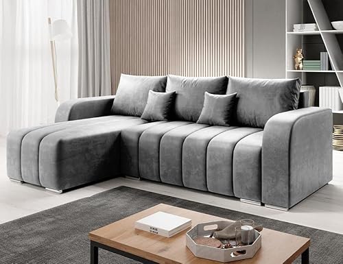 ML Furniture Ltd Velvet Ecksofa in L-Form 245 x 86 x 147 cm mit Schlaffunktion und Bettzeugbehälter - Schlafsofa mit Bettkasten - Eckcouch mit Stauraum - Links Couch Velours - Farbe: Graphit MO97 von ML Furniture Ltd