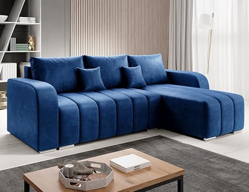 ML Furniture Ltd Velvet Ecksofa in L-Form 245 x 86 x 147 cm mit Schlaffunktion und Bettzeugbehälter - Schlafsofa mit Bettkasten - Eckcouch mit Stauraum - Rechts Couch Velours - Farbe: Blau MO77 von ML Furniture Ltd
