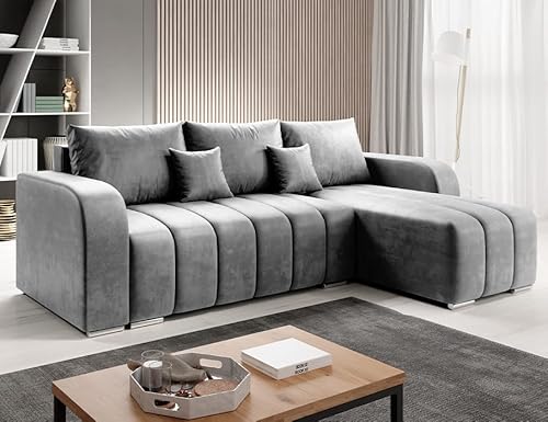 ML Furniture Ltd Velvet Ecksofa in L-Form 245 x 86 x 147 cm mit Schlaffunktion und Bettzeugbehälter - Schlafsofa mit Bettkasten - Eckcouch mit Stauraum - Rechts Couch Velours - Farbe: Graphit MO97 von ML Furniture Ltd