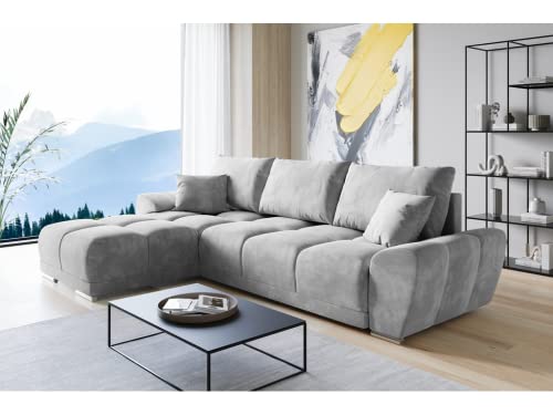 ML Furniture Ltd Velvet Ecksofa in L-Form – Hellgrau Sofa 289 x 189 cm – Couch mit Stauraum und Kissen - Ausziehbares Schlafsofa – Sofa mit Schlaffunktion - Schlafsofa mit Bettkasten von ML Furniture Ltd