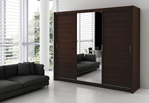 ML Furniture Monako Schiebeschrank 250 cm mit Spiegel, Kleiderschrank Schlafzimmer, Wohnzimmer- 250 x 215 x 61 Farbe: Eiche Sonoma, Schwebetürenschrank mit Kleiderstange und 2 Schubladen von ML Furniture Ltd