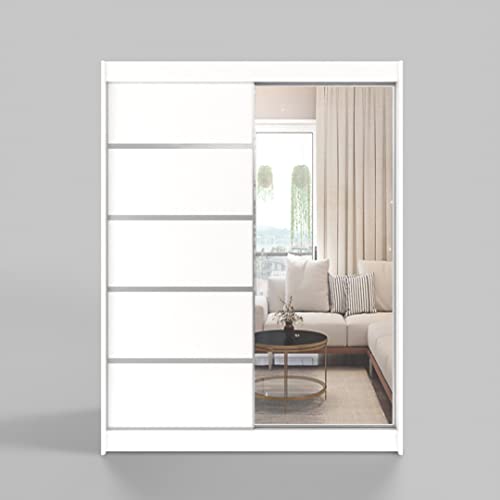 ML Furniture V5 Schiebeschrank 150 cm mit Spiegel, Kleiderschrank Schlafzimmer, Wohnzimmer- 150 x 200 x 58 Farbe: Weiss, Schwebetürenschrank von ML Furniture Ltd