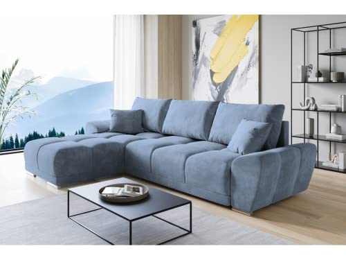 ML Furniture Velvet Ecksofa in L-Form – Blau Sofa – Couch mit Stauraum und Kissen - Ausziehbares Schlafsofa – Sofa mit Schlaffunktion - Schlafsofa mit Bettkasten – Gästebett – 289 x 189 cm von ML Furniture Ltd