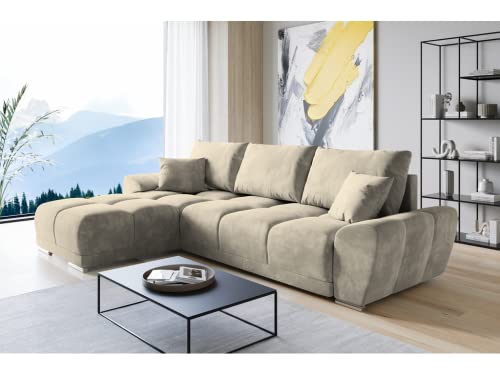 ML Furniture Velvet Ecksofa in L-Form – Creme2 Sofa – Couch mit Stauraum und Kissen - Ausziehbares Schlafsofa – Sofa mit Schlaffunktion - Schlafsofa mit Bettkasten – Gästebett – 289 x 189 cm von ML Furniture Ltd