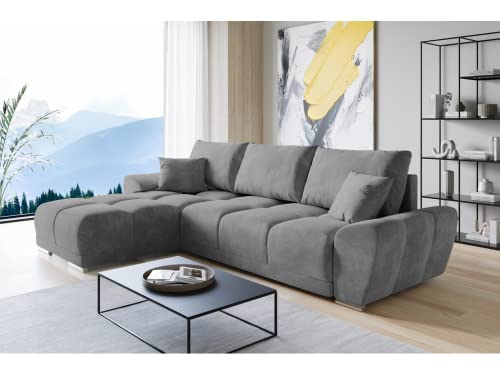 ML Furniture Velvet Ecksofa in L-Form – Grau Sofa – Couch mit Stauraum und Kissen - Ausziehbares Schlafsofa – Sofa mit Schlaffunktion - Schlafsofa mit Bettkasten – Gästebett – 289 x 189 cm von ML Furniture Ltd