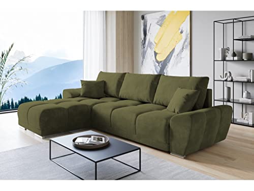 ML Furniture Velvet Ecksofa in L-Form – Olive Sofa – Couch mit Stauraum und Kissen - Ausziehbares Schlafsofa – Sofa mit Schlaffunktion - Schlafsofa mit Bettkasten – Gästebett – 289 x 189 cm von ML Furniture Ltd