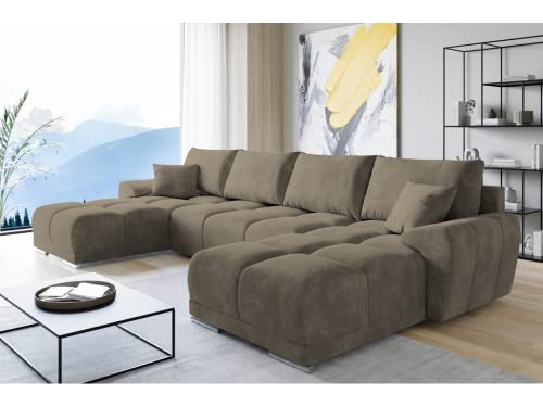ML Furniture Velvet Ecksofa in U-Form – Beige Sofa – Couch mit Stauraum und Kissen - Ausziehbares Schlafsofa – Sofa mit Schlaffunktion - Schlafsofa mit Bettkasten – Gästebett – 365 x 189 cm von ML Furniture Ltd