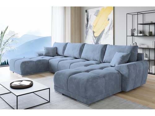 ML Furniture Velvet Ecksofa in U-Form – Blau Sofa – Couch mit Stauraum und Kissen - Ausziehbares Schlafsofa – Sofa mit Schlaffunktion - Schlafsofa mit Bettkasten – Gästebett – 365 x 189 cm von ML Furniture Ltd