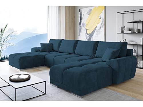 ML Furniture Velvet Ecksofa in U-Form – Blau Sofa – Couch mit Stauraum und Kissen - Ausziehbares Schlafsofa – Sofa mit Schlaffunktion - Schlafsofa mit Bettkasten – Gästebett – 365 x 189 cm von ML Furniture Ltd