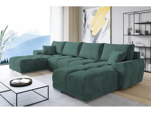 ML Furniture Velvet Ecksofa in U-Form – Grün Sofa – Couch mit Stauraum und Kissen - Ausziehbares Schlafsofa – Sofa mit Schlaffunktion - Schlafsofa mit Bettkasten – Gästebett – 365 x 189 cm von ML Furniture Ltd