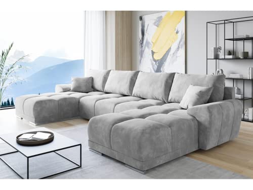 ML Furniture Velvet Ecksofa in U-Form – Hellgrau – Couch mit Stauraum und Kissen - Ausziehbares Sofa mit Schlaffunktion - Schlafsofa mit Bettkasten – Gästebett – 365 x 189 cm von ML Furniture Ltd