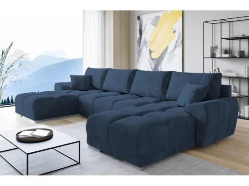 ML Furniture Velvet Ecksofa in U-Form – Marineblau Sofa – Couch mit Stauraum und Kissen - Ausziehbares Schlafsofa – Sofa mit Schlaffunktion - Schlafsofa mit Bettkasten – Gästebett – 365 x 189 cm von ML Furniture Ltd