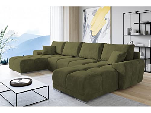 ML Furniture Velvet Ecksofa in U-Form – Olive Sofa – Couch mit Stauraum und Kissen - Ausziehbares Schlafsofa – Sofa mit Schlaffunktion - Schlafsofa mit Bettkasten – Gästebett – 365 x 189 cm von ML Furniture Ltd