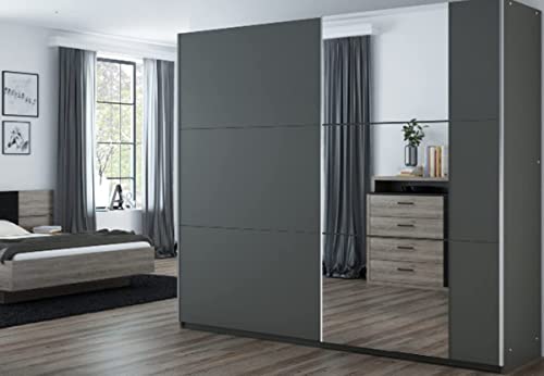 Schiebeschrank Bastia 250 cm mit Spiegel, Kleiderschrank Schlafzimmer, Wohnzimmer - 250 x 215 x 65 Farbe: Graphite, Schwebetürenschrank mit 3 Kleiderstange, Ablagen und 2 Schubladen; Mehrzweckschrank von ML Furniture Ltd