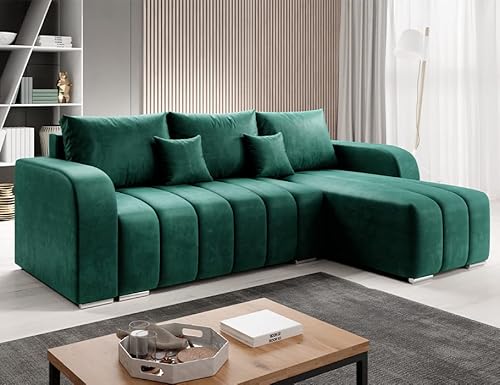 Velvet Ecksofa in L-Form 245 x 86 x 147 cm mit Schlaffunktion und Bettzeugbehälter - Schlafsofa mit Bettkasten - Eckcouch mit Stauraum - Rechts Couch Velours - Farbe: Flaschengrün MO37 von ML Furniture Ltd