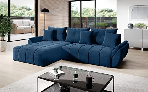 Vigo Velvet Monolith Ecksofa in L-Form 280 cm x 190 cm - Schlafsofa mit Bettkasten - Couch mit Stauraum und Kissen - Sofa mit Schlaffunktion - Ausziehbares Schlafsofa - Farbe: Blau (M-77) von ML Furniture Ltd