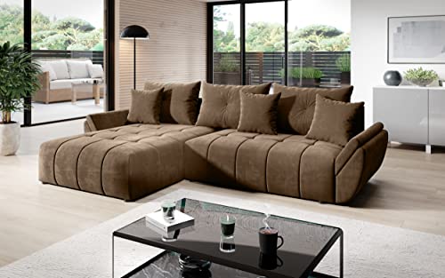 Vigo Velvet Monolith Ecksofa in L-Form 280 cm x 190 cm - Schlafsofa mit Bettkasten - Couch mit Stauraum und Kissen - Sofa mit Schlaffunktion - Ausziehbares Schlafsofa - Farbe: Braun (M-15) von ML Furniture Ltd