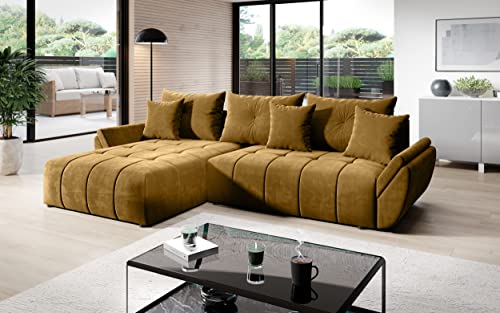 Vigo Velvet Monolith Ecksofa in L-Form 280 cm x 190 cm - Schlafsofa mit Bettkasten - Couch mit Stauraum und Kissen - Sofa mit Schlaffunktion - Ausziehbares Schlafsofa - Farbe: Gold (M-48) von ML Furniture Ltd
