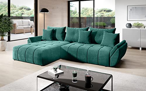 Vigo Velvet Monolith Ecksofa in L-Form 280 cm x 190 cm - Schlafsofa mit Bettkasten - Couch mit Stauraum und Kissen - Sofa mit Schlaffunktion - Ausziehbares Schlafsofa - Farbe: Grün (M-37) von ML Furniture Ltd