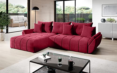 Vigo Velvet Monolith Ecksofa in L-Form 280 cm x 190 cm - Schlafsofa mit Bettkasten - Couch mit Stauraum und Kissen - Sofa mit Schlaffunktion - Ausziehbares Schlafsofa - Farbe: Rot (M-59) von ML Furniture Ltd