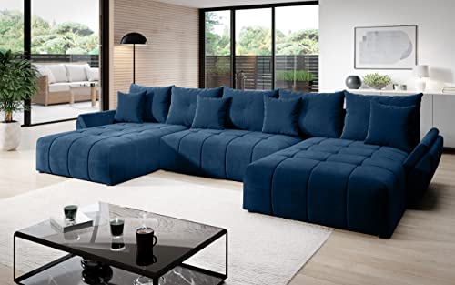 Vigo Velvet Monolith Ecksofa in U-Form 382 cm x 190 cm - Schlafsofa mit Bettkasten - Couch mit Stauraum und Kissen - Sofa mit Schlaffunktion - Ausziehbares Schlafsofa - Farbe: Blau (M-77) von ML Furniture Ltd