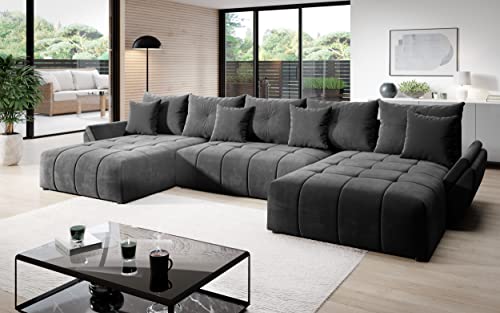 Vigo Velvet Monolith Ecksofa in U-Form 382 cm x 190 cm - Schlafsofa mit Bettkasten - Couch mit Stauraum und Kissen - Sofa mit Schlaffunktion - Ausziehbares Schlafsofa - Farbe: Darkgrau (M-92) von ML Furniture Ltd