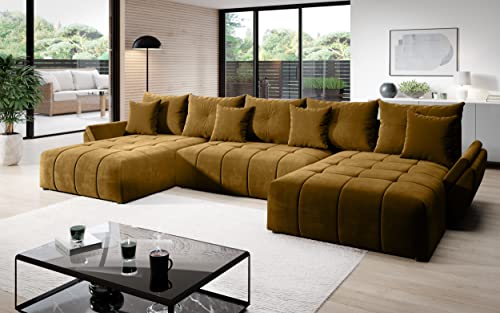 Vigo Velvet Monolith Ecksofa in U-Form 382 cm x 190 cm - Schlafsofa mit Bettkasten - Couch mit Stauraum und Kissen - Sofa mit Schlaffunktion - Ausziehbares Schlafsofa - Farbe: Gold (M-48) von ML Furniture Ltd