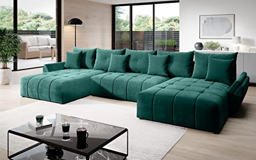 Vigo Velvet Monolith Ecksofa in U-Form 382 cm x 190 cm - Schlafsofa mit Bettkasten - Couch mit Stauraum und Kissen - Sofa mit Schlaffunktion - Ausziehbares Schlafsofa - Farbe: Grün (M-37) von ML Furniture Ltd