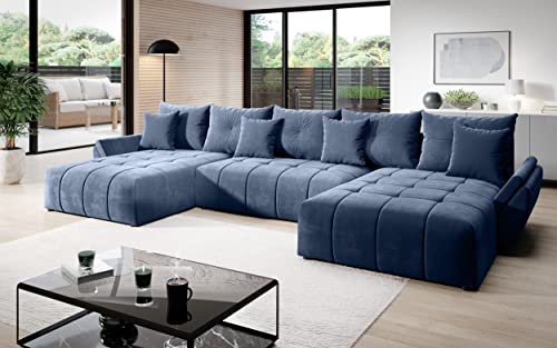 Vigo Velvet Monolith Ecksofa in U-Form 382 cm x 190 cm - Schlafsofa mit Bettkasten - Couch mit Stauraum und Kissen - Sofa mit Schlaffunktion - Ausziehbares Schlafsofa - Farbe: Light Blau (M-72) von ML Furniture Ltd