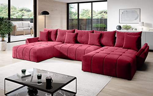 Vigo Velvet Monolith Ecksofa in U-Form 382 cm x 190 cm - Schlafsofa mit Bettkasten - Couch mit Stauraum und Kissen - Sofa mit Schlaffunktion - Ausziehbares Schlafsofa - Farbe: Rot (M-59) von ML Furniture Ltd