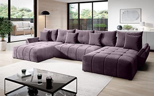Vigo Velvet Monolith Ecksofa in U-Form 382 cm x 190 cm - Schlafsofa mit Bettkasten - Couch mit Stauraum und Kissen - Sofa mit Schlaffunktion - Ausziehbares Schlafsofa - Farbe: Violett (M-62) von ML Furniture Ltd
