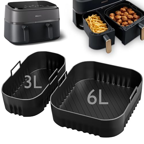 2 Stück Silikonform Heißluftfritteuse Zubehör für Philips Airfryer 3000 Serie NA350, Airfryer Silikonform für Phillips Airfryer 3000 Dual Basket, Air Fryer Silikon Einsatz 6L/3L von MLACXLT