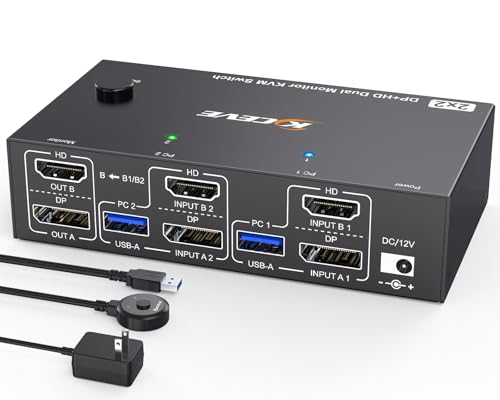 4K@144Hz HDMI Displayport KVM Switch 2 PC 2 Monitore 8K@60Hz, MLEEDA USB 3.0 Dual Monitor KVM Switches für 2 PC Teilen Sich 2 Monitore und 4 USB Ports,mit Desktop Controller,12V Netzteil und USB-Kabel von MLEEDA