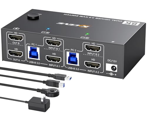 8K HDMI KVM Switch 2 PC 2 Monitore 8K@60Hz 4K@144Hz, MLEEDA USB 3.0 Dual Monitor KVM Switch mit 4 USB 3.0 Ports für Tastatur Maus Drucker, mit Desktop Controller,12V Netzteil und USB -Kabel von MLEEDA