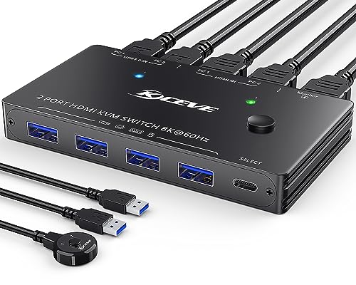 8K USB 3.0 KVM Switch HDMI 8K@60Hz 4K@120Hz,MLEEDA HDMI 2.1 KVM-Switches für 2 PC teilen 1 Monitor und Tastatur Maus Drucker, HDCP 2.3, HDR 10, mit Kabelfernbedienung und 2 USB3.0-Kabeln von MLEEDA