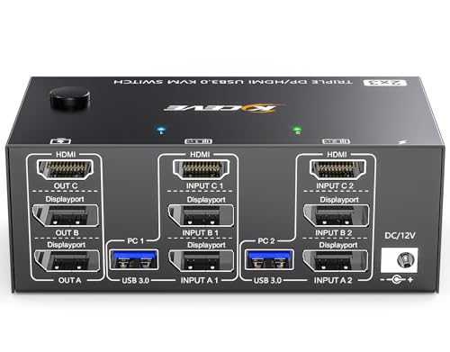 KVM Switch 2 PC 3 Monitore 8K@60Hz 4K@144Hz,MLEEDA HDMI+2 Displayport KVM Switch Triple Monitor für 2 PC Teilen 3 Monitors und 4 USB3.0-Geräte, mit 12V DC Netzteil,Verdrahtet Fernbedienung und 5 Kabel KVM Switch 2 PC 3 Monitore 8K@60Hz 4K@144Hz,MLEEDA HDMI+2 Displayport KVM Switch Triple Monitor für 2 PC Teilen 3 Monitors und 4 USB3.0-Geräte, mit 12V DC Netzteil,Verdrahtet Fernbedienung und 5 Kabel von MLEEDA