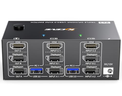 KVM Switch 2 PC 3 Monitore 8K@60Hz 4K@144Hz，MLEEDA HDMI+2 Displayport KVM Switch Triple Monitor für 2 PC Teilen 3 Monitors und 4 USB3.0-Geräte, mit 12V DC Netzteil,Verdrahtet Fernbedienung und 5 Kabel von MLEEDA